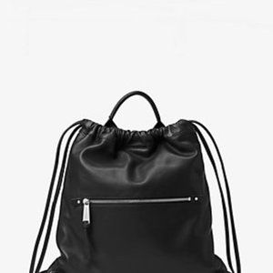 Rare Michael Kors Rhea Medium Black Leather Drawstring Backpack